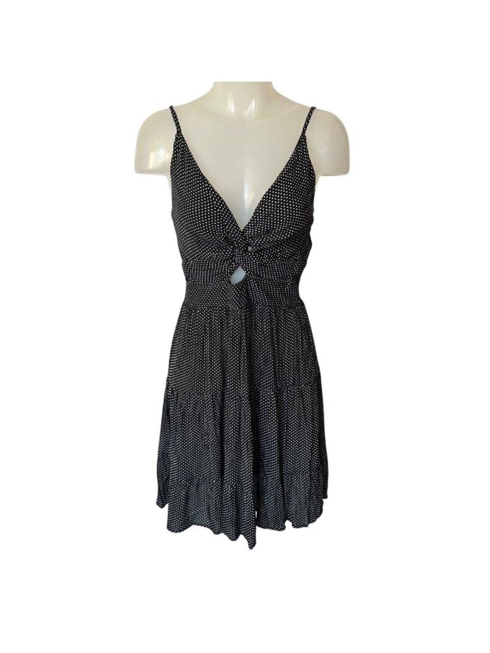 NWT Angie Boho Cottage Smocked Twist Front Mini Dress Black Polka Dot Whimsigoth
